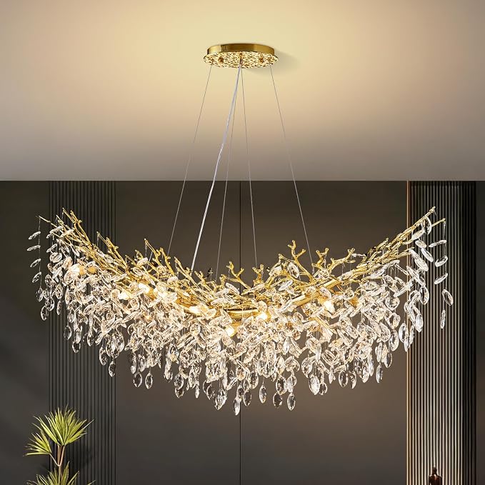 55" Crystal Tree Branch Chandelier Gold Rectangular Chandelier | 16 Lights Luxury Raindrop Chandeliers Modern Hanging Pendant Light Fixtures for Dining Room Kitchen Island Living Room by KJLARS
