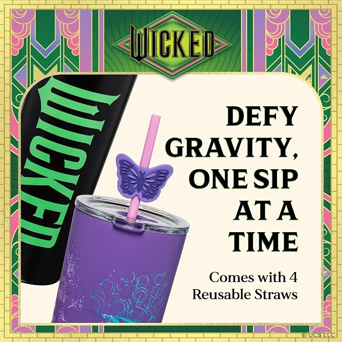 Dragon Glassware x Wicked: For Good Stainless Steel Tumbler, 24 oz 2-Pack | Set of 2 Vacuum Insulated Stainless Steel Wicked Cups with Lids & Straws; With Straw Charm; Official Wicked Merch - Image 4