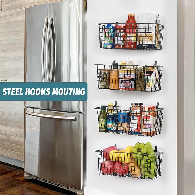 4 Set [EXTRA LARGE] Hanging Wall Mount Storage Baskets with Adhesive Hooks & Steel Hooks, Multiuse Sturdy Wire Metal Organizing Baskets for Home Kitchen Bathroom Pantry Utility Organizer, Black - Image 7
