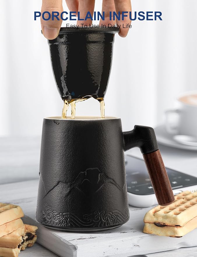 suyika Tea Cup with Infuser and Lid, 15.2 Ounce Wood Handle Ceramic Loose Leaf Mug Gradient Black 450ml - Image 5