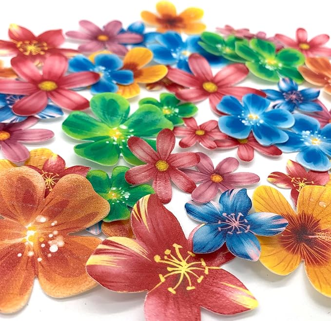 Weraru 75Pcs Wafer Flowers Cupcake Toppers Wedding Cake Party Food Decoration Mixed Size & Colour - Image 2