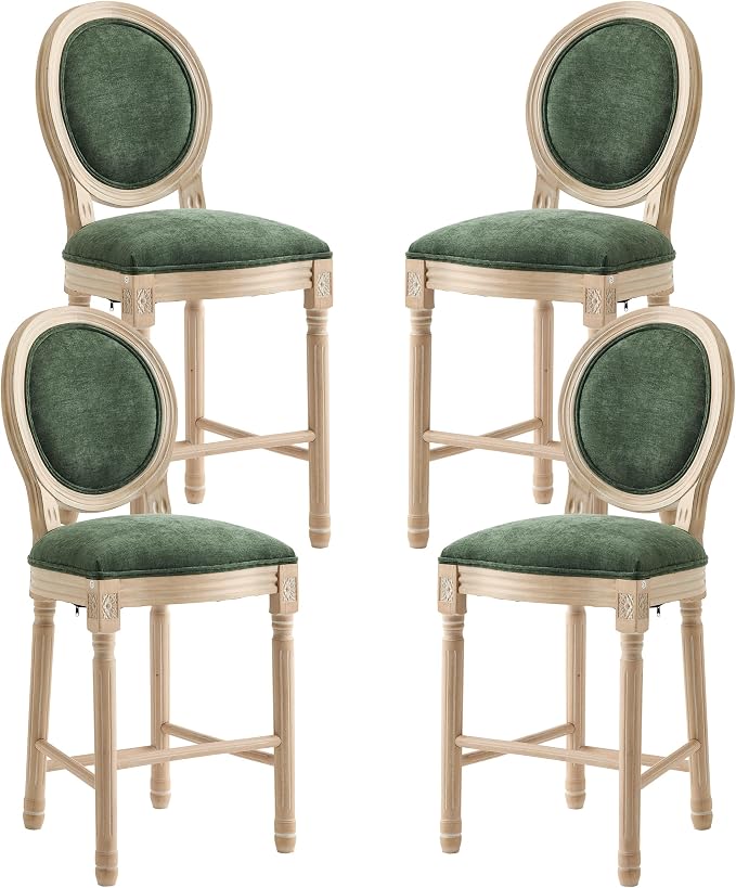 French Country Barstool, Linen Farmhouse Counter Height Chair | Set of 4, with Cushion Round Back and Solid Wood Legs, Oval Chairs for Restaurant, Bar, Kitchen, Café, Green by RCDDFurniture