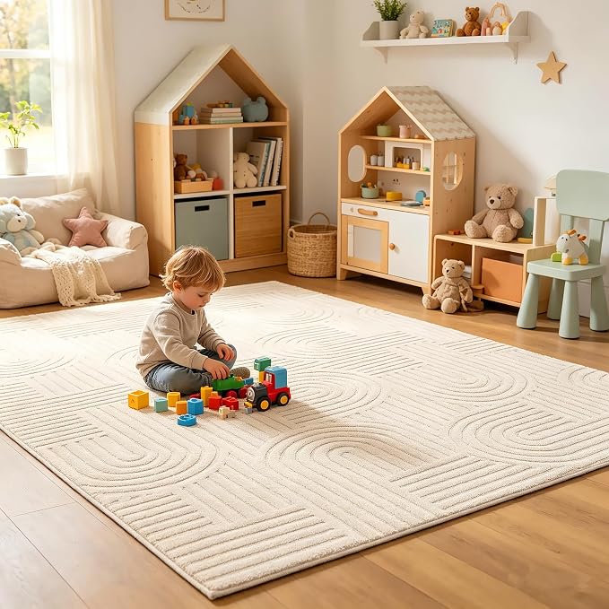 Washable Area Rug 47''x63'' for Kids Room Living Room Bedroom, Beige | Soft Cozy Fluffy Low Pile Machine Washable Non Slip Modern Jacquard Boho Accent Area Carpet for Nursery Kids Room Dorm Hotel by Ukeler