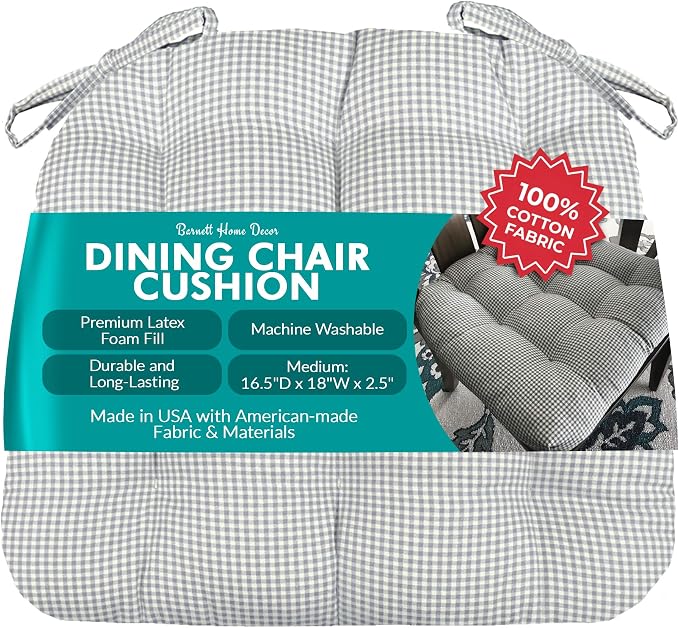 Barnett Home Decor Madrid Grey Dining Chair Pad with Ties - Medium Size 18 Chair Cushion - Latex Foam Fill - Machine Washable, 100% Cotton, Made in USA (Gray Gingham) by BarnettHomeDecor