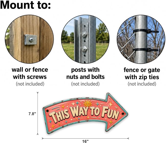 This Way to Fun Right-Pointing Arrow Sign | powder-coated metal, vintage, enamel, durable print, ready to hang - Image 3