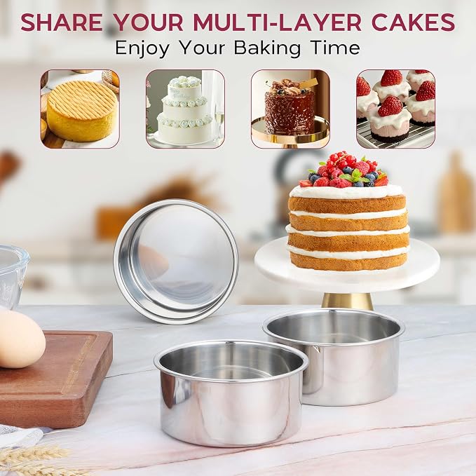 Onader 4 Inch Cake Pans Sets of 8 for Baking, Stainless Steel Mini Round Smash Cake Bake Pan, Small Size & Non Toxic for Birthday Wedding - Image 3
