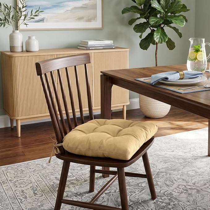 Barnett Home Decor Extra-Thick Dining Chair Pad with Ties - Solid Color Cotton Duck - Reversible, Latex Fill, Tufted Cushion - Tan - Image 2