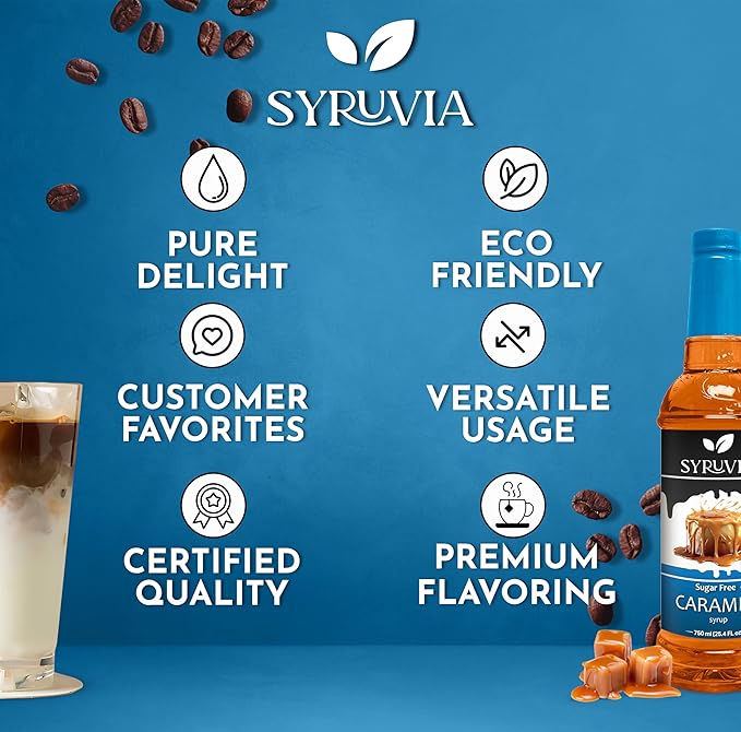 Syruvia Sugar-Free Caramel - 25.4 fl oz. Premium Coffee Flavoring Syrup. 0 Calories, Kosher, and Gluten-Free. Perfect for Drinks, Sodas, Shakes, Desserts, and More With Pump (Pack of 4)