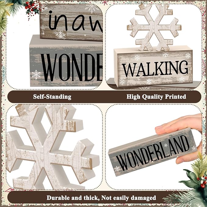 Moucuny 4 Pcs Christmas Table Decorations Wooden Snowflake Decor Winter Tiered Tray Decor Rustic Snow Signs Block Gift Farmhouse Christmas Centerpiece for Wonderland Party Kitchen Shelf Home - Image 5