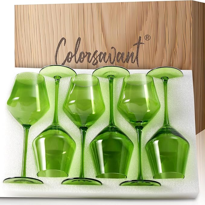 Emerald Green Wine Glasses Set of 6 – 16oz Handblown Long Stem Wine Glasses for Red & White Wine – Elegant Colored Glassware for Home Dining, Parties & Gifts by Colorsavant
