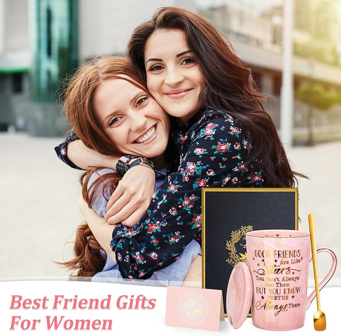 Best Friend Birthday Gifts for Women, Valentines Friendship Gifts for Women | Good Friends are Like Stars - Funny 14Oz Pink Ceramic Gold Print Mug, Presents for BFF, Sisters, Besties, Nice Gift Boxed - Image 6