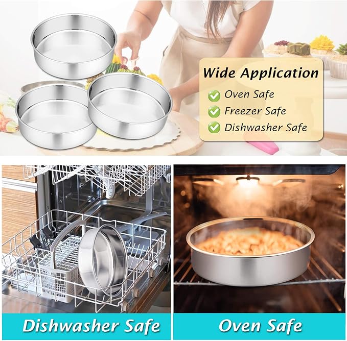 P&P CHEF 9.5 Inch Round Cake Pan Set of 3, Stainless Steel Baking Cake Pans | Round Baking Cake Pan Bakeware for Layer Birthday Cake, Fit Oven/Pots/Pressure Cooker, Leakproof & Dishwasher Safe, Silver - Image 7