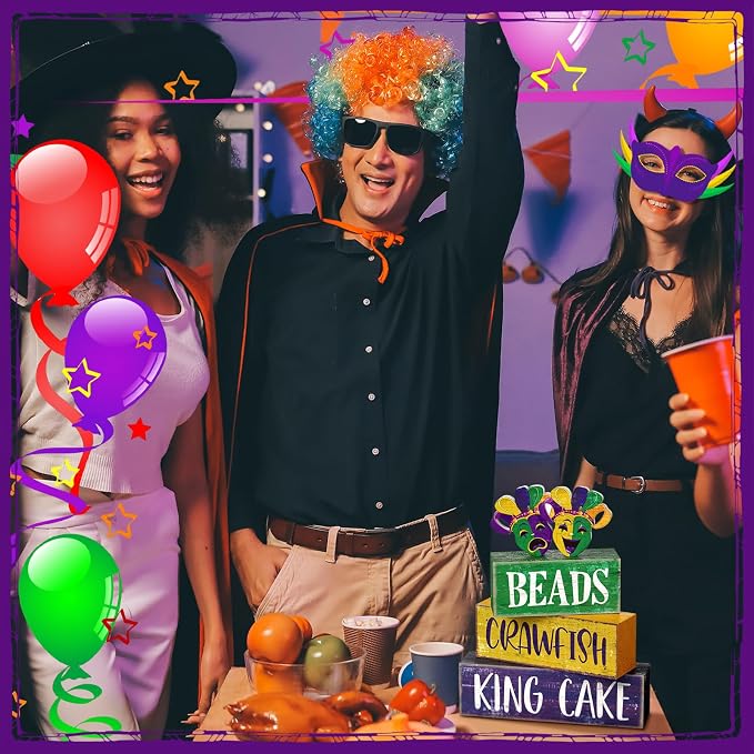 Moucuny 4 Pcs Mardi Gras Table Decorations Wooden Mask Decor Purple Golden Green Carnival Tiered Tray Decor Mardi Gras Centerpieces Decorative Masks Block Signs Gift for Masquerade Party Home Kitchen - Image 5