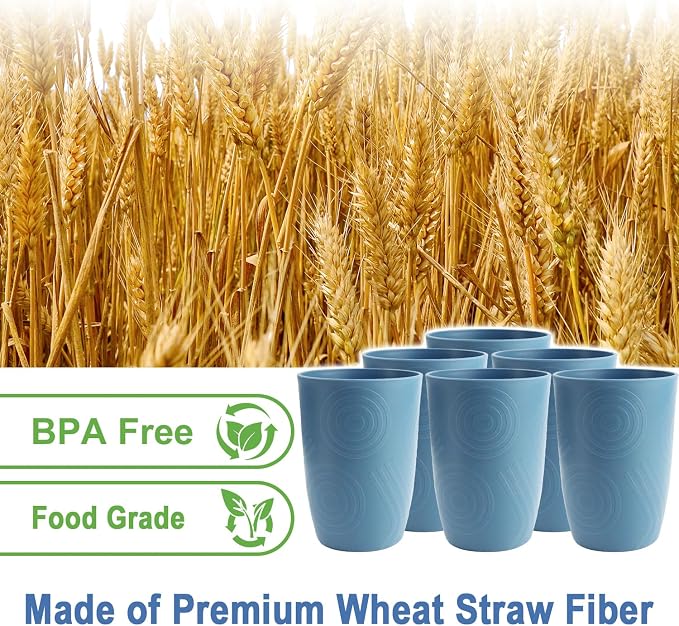 16oz Plastic Drinking Glasses, Wheat Straw Cups Set of 6 - Unbreakable & Stackable Kitchen Cups, Reusable Plastic Cups, Dishwasher Safe Water Tumbler for Party, Camping - Blue - Image 3