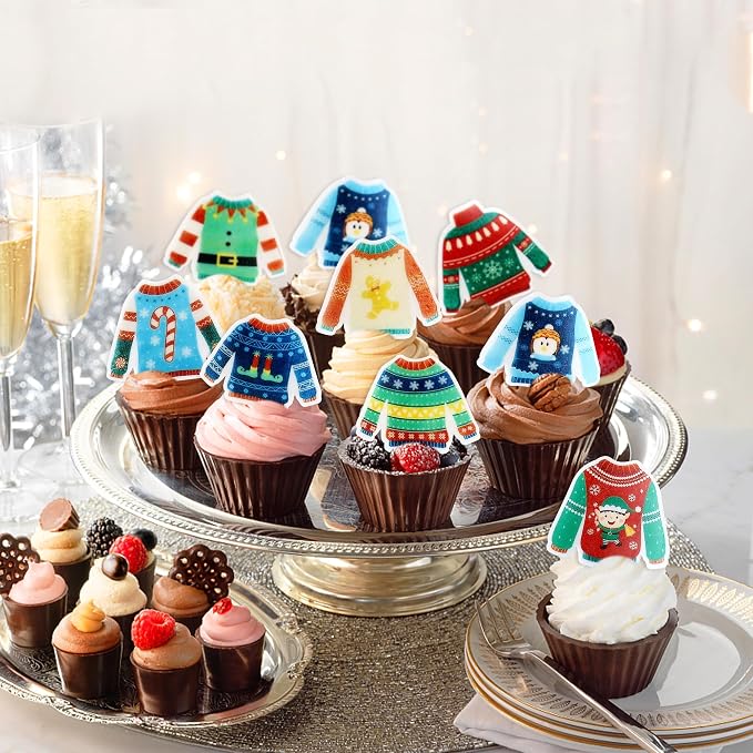 40PCS Edible Ugly Sweater Cupcake Toppers Wafer Paper Christmas Cupcake Toppers Picks Merry Christmas Theme Holiday Baby Shower Birthday Party Cake Decorations Supplies - Image 5
