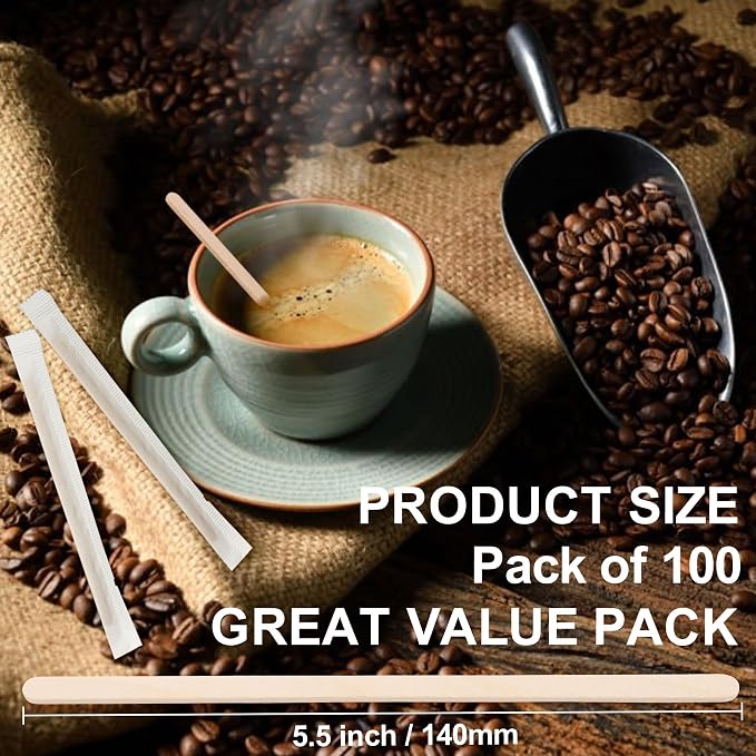 ANTETOK Wooden Coffee Stirrers - Coffee Stir Sticks 5.5 Inch,100pcs Individually Wrapped Disposable Swizzle Sticks,Swizzle Drink Sticks for Coffee,Tea,Cocktail and Hot Chocolate - Image 2
