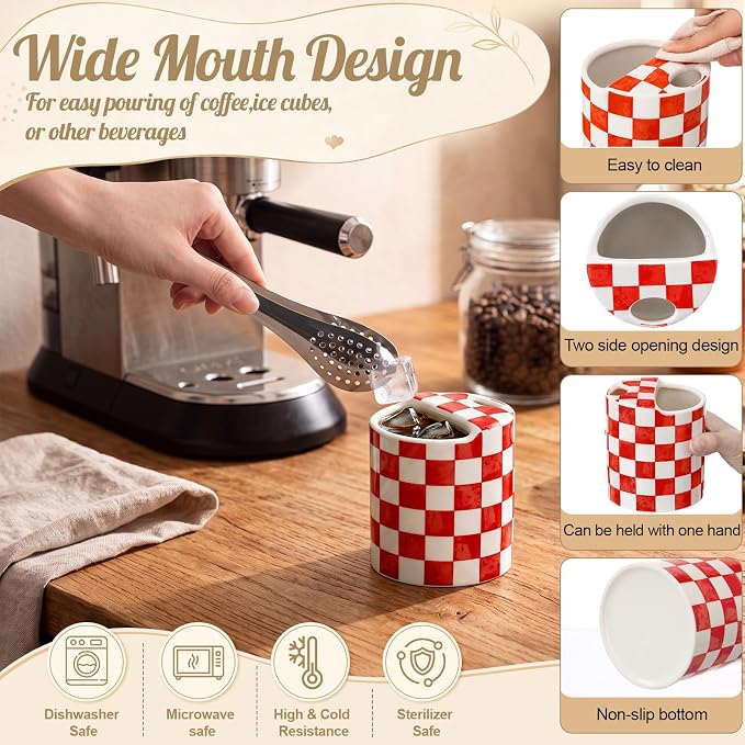 6 Pack Checkered Ceramic Coffee Mug with Sip Hole 10 oz Espresso Cup with Straws Retro Hand Painted Checkered Porcelain Coffee Tea Cup Cappuccino Latte Mug for Kitchen Dining Travel - Image 3