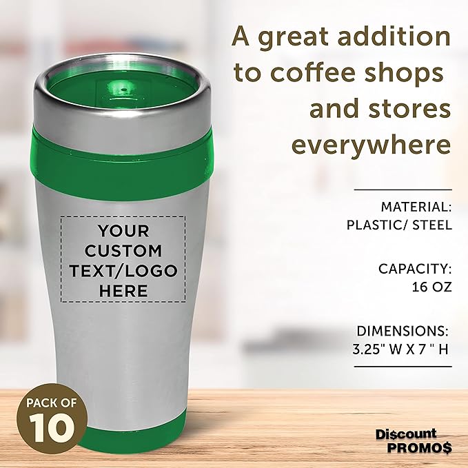 Custom Insulated Stainless Steel Travel Mugs 16 oz. Set of 10, Personalized Bulk Pack - Perfect for Coffee, Soda, Other Hot & Cold Beverages - Green