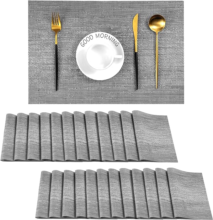 Leetaltree Grey Placemats, Heat Resistant Non-Slip Place mats for Dining Table, Washable Durable PVC Vinyl Woven Table Mats (Set of 24) by Leetaltree-ArtatEveryTable