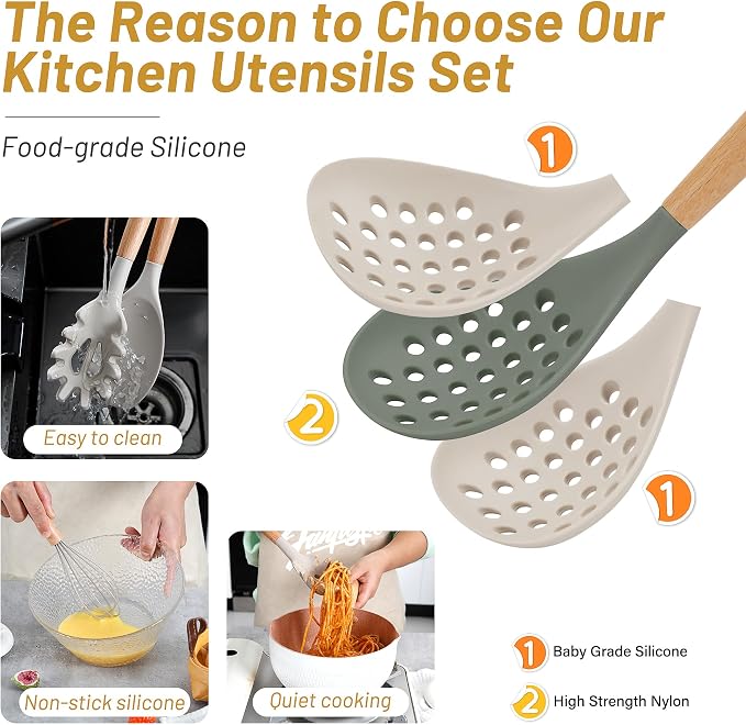 QMVESS Silicone Kitchen Utensils Set, 35 Pcs Non-Stick Cooking Utensils Set, Sturdy Insulation Wooden Handle Kitchen Accessories for Cooking with Spatula Set and Spoons Set Gadgets (Khaki) - Image 3