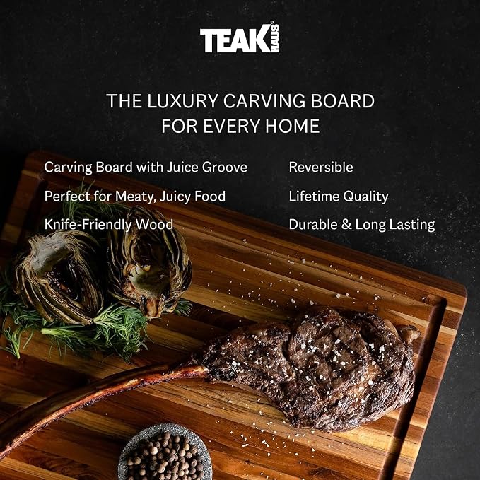 Teakhaus Carving Board with Juice Groove - Small (S) Teak Wood Cutting Board 14”L x 10”W x 1” Thick - Lightweight, Sustainably Harvested & FSC Certified - Knife Friendly with Beeswax Oil Finish - Image 8