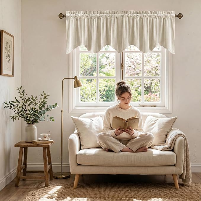 Beige Window Valance Curtains 52x18 Inch 1 Panel | Luxury Velvet Wavy Scalloped Window Treatment, Versatile Small Window Drapes for Kitchen, Bathroom, RV, Living Room - Image 3