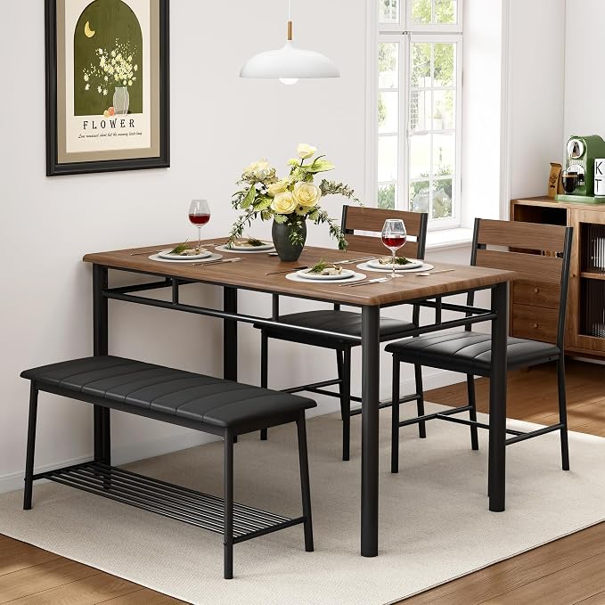 IRONCK Dining Table Set for 4, Kitchen Table and Chairs Set, Walnut | Kitchen Table with Upholstered Bench and 2 Chairs for Small Space, Apartment - Image 4