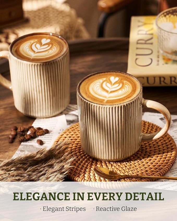 famiware Coffee Mug Set for 6, Star 12 oz Catering Mugs Cup Set with Handle for Coffee, Tea, Cocoa, Milk - Ceramic Stoneware Drinkware Set, Cream Cocoa - Image 2
