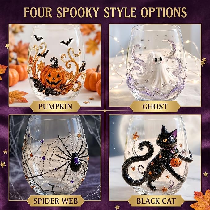 Halloween Artisan Glassware Collection,Handmade Stemless Wine Glass,Gothic Style Artistic Glass Wine Goblet Home Decor Piece Featuring Spooky Pumpkin Design Halloween Party Home Decor Gift，C - Image 6