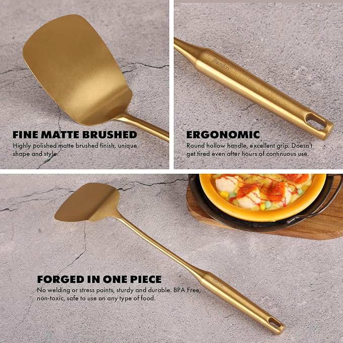 Gold Cooking Utensils Set - 16 PCS All Metal Small and Large Spoons Set | 18/10 Stainless Steel Kitchen Tools, 15″ Serving Utensil - Whisk, Masher, Fork, Tongs, Spatula, Turner, Ladle, Skimmer, Pasta - Image 4