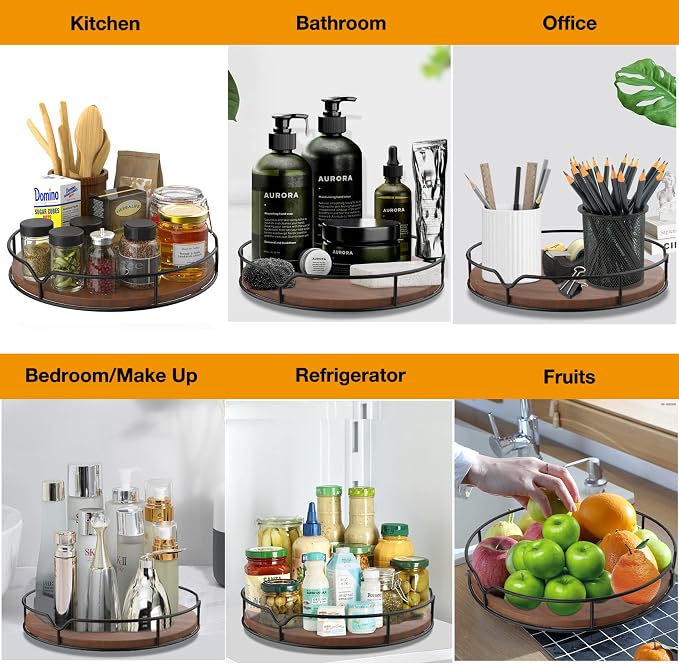 Lazy Susan Turntable Organizer with Anti-Slip Mat for Cabinet Pantry Kitchen Countertop Refrigerator Office, Pine Wood, 10", Brown - Image 8