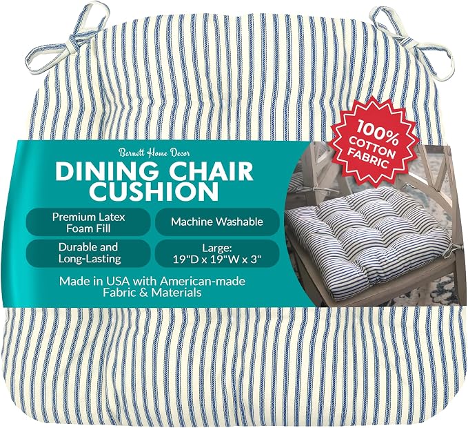 Barnett Home Decor Ticking Stripe Blue Dining Chair Pad with Ties - 19 x 19 Size Large Chair Cushion - Latex Foam Fill - Machine Washable, Reversible, 100% Cotton, Made in USA (Navy) by BarnettHomeDecor