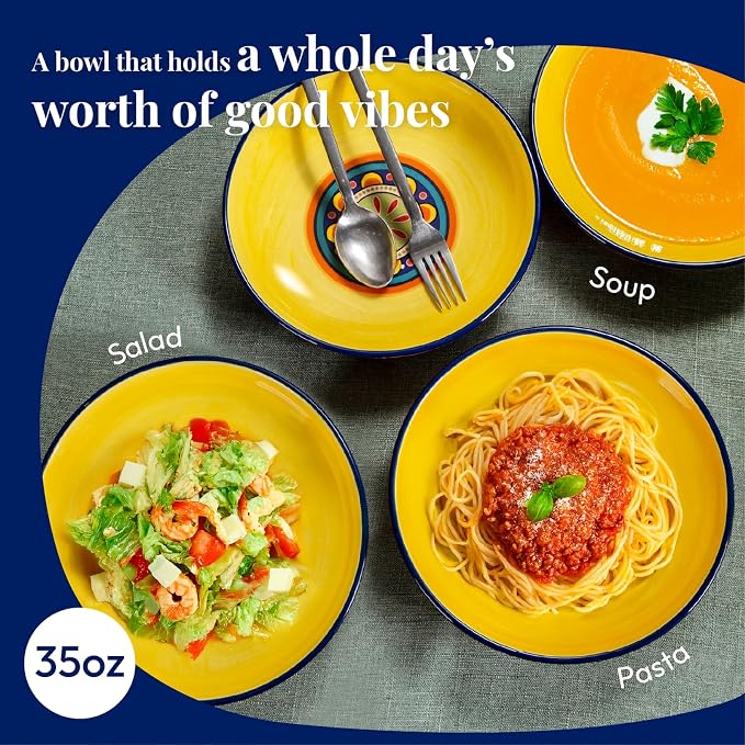 Bico Tunisian Pasta Bowls, 35oz Salad Bowl Set of 4, Large Ceramic Serving Dinner Bowls for Soup and Cereal, Microwave and Dishwasher Safe, Gift for Housewarming and Thanksgiving - Image 3