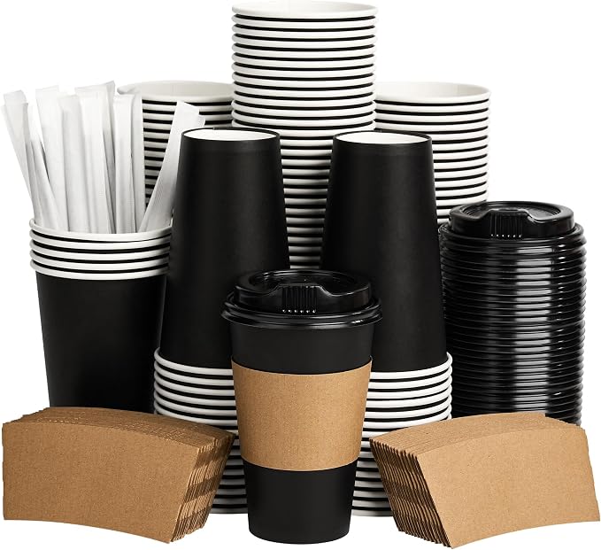 Coffee Cups with Lids 16 oz 100 Pack, Sleeves and Stirring Sticks, Black Disposable Hot Paper Cups with Lids, To Go Cups, for Parties, Picnic, Travel, and Events by VPACKDUO