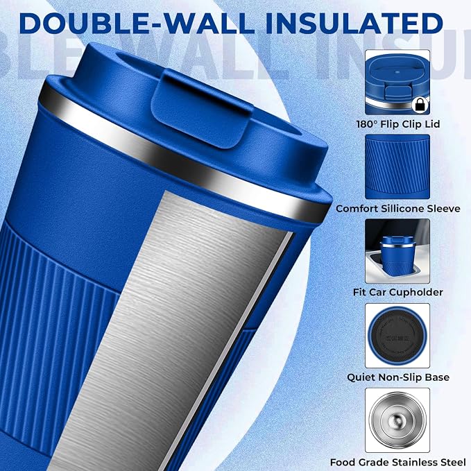 Insulated Coffee Tumbler 12 oz, Stainless Steel Coffee Mug with Lids, Travel Coffee Mug Leak Proof, Double Wall Vacuum Insulated Reusable Coffee Cup, Keep Drinks Hot and Cold (Deep Azure, 12 Ounces) - Image 4