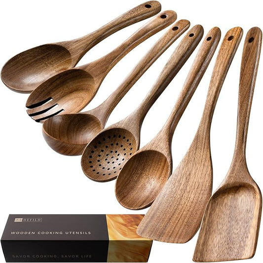 Wooden Spoons for Cooking, 7-Piece Acacia Wood Cooking Utensil Set | Spoons and spatulas stir, mix, flip and serve; balanced handles offer control while staying gentle on nonstick cookware. by HEFILD