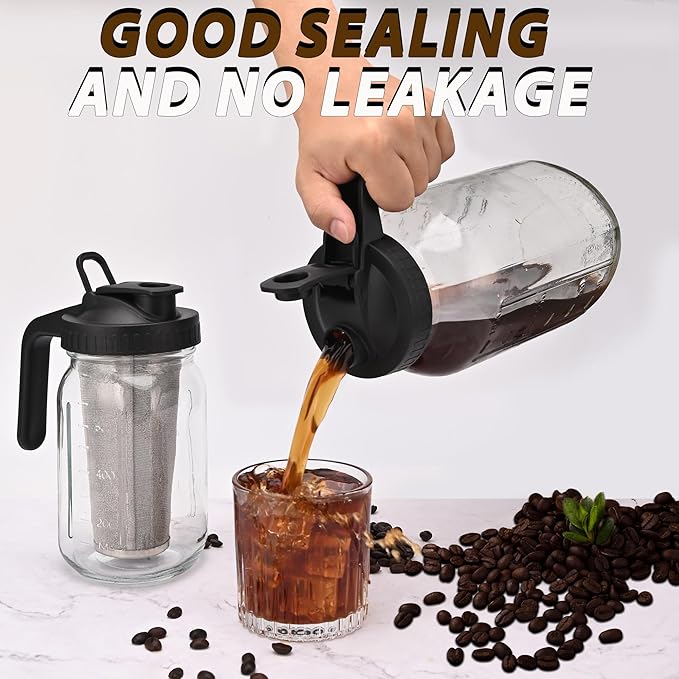 TECHSHARE Cold Brew Coffee Maker Jar 64oz – Heavy Duty Mason Pitcher with Stainless Steel Filter, Wide Mouth Spout Lid & Handle for Iced Coffee, Tea, Lemonade, and Fresh Fruit Drinks