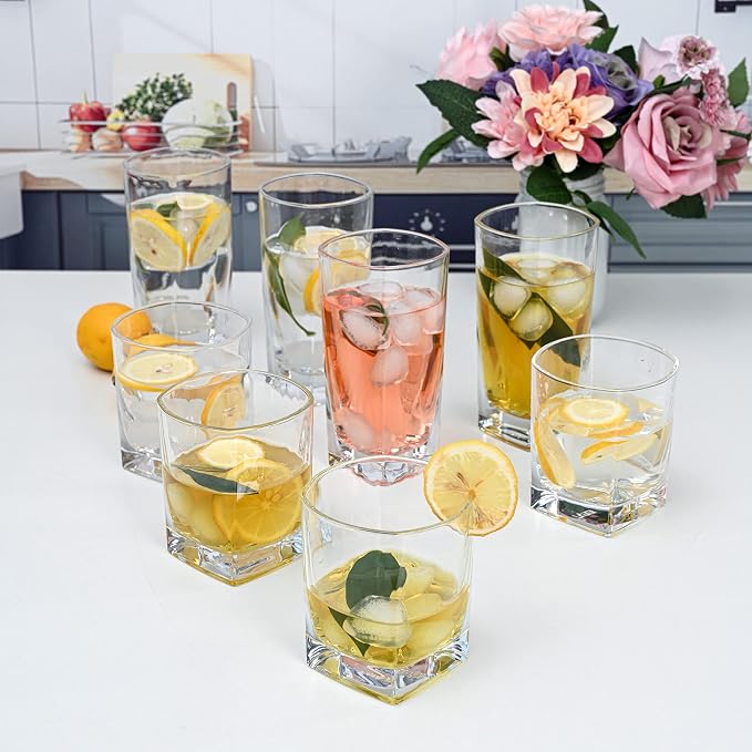 Le'raze Collins Everyday Drinking Glasses Set of 16 Drinkware Kitchen Glasses for Cocktail, Iced Coffee, Beer, Ice Tea, Wine, Whiskey, Water, 8 Tall Highball Glass Cups & 8 Short Old Fashioned. - Image 7