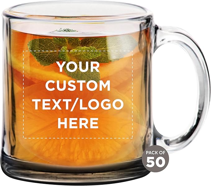Custom Libbey Clear Glass Coffee Mugs 13 oz. Set of 50, Personalized Bulk Pack - Perfect for Coffee, Tea, Espresso, Hot Cocoa, Other Beverages - Black Bottom