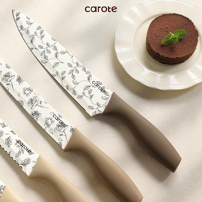CAROTE Kitchen Knife Set, 6 Floral Knives with 6 Blade Guards, 12-Piece | Stainless Steel Blades, Ceramic Nonstick Coating, Long-Lasting Sharpness, Rust-Resistant, Non-Slip, Dishwasher Safe - Image 6