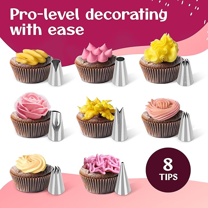 Professional Baking Piping Bags and Tips Set - Cotton Reusable Piping Bag 14" with 8 Stainless Steel Large Pastry Tips for Cake Decorating - Cupcake Kit with Icing Bag and Nozzles
