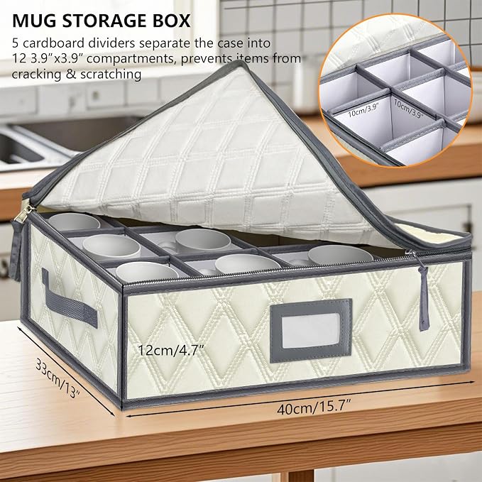 Mug and Cup Storage Box with Dividers - 1 Pack China Storage Bin Containers Holds 12 Glassware, Stackable Coffee Mug Organizer Bin and Tea Cup with 2 Metal Zipper,Label and Handles - Image 3