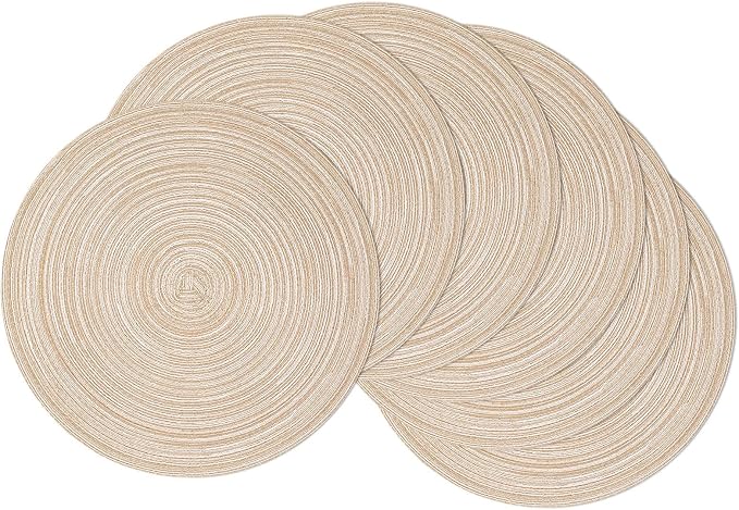 SHACOS 15 inch Round Placemats Set of 6, Cotton Polyester Woven Braided Place Mats, Washable Heat Resistant Non Slip Table Mats for Kitchen Dining Table (Beige, 6) by SHACOS