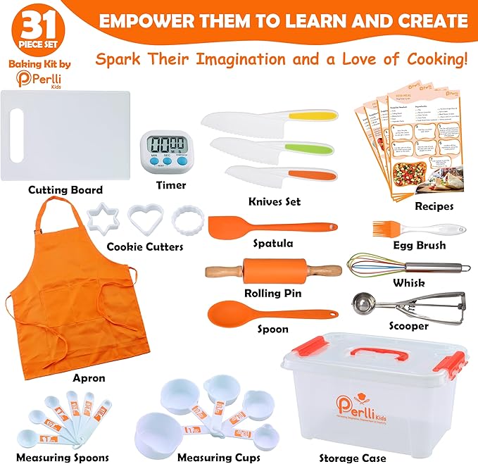 PERLLI Kids Real Cooking Set for Cooking and Baking – 31 Pc. Gift for Junior Chef with Real Utensils, Case & Safe Kids Knife Set for Boys & Girls – Fine Motor Skills & Fun for Children Ages 6+, Orange