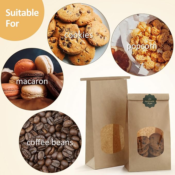 BagDream Small Cookie Bags 4.6x2.48x9.6 Inch Tin Tie Closure 50 Pack Brown | Resealable, Window, Grease Resistant, For Homemade Baked Goods, Snack, Coffee Beans, Party Favor, Gift Giving, Small Business - Image 3