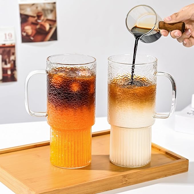 32oz Glass Cups with Handle & Bamboo Lids and Straws, Borosilicate Glass Tumblers for Iced Coffee, Smoothies, Fruit Drinks. Reuseable Glasses Cups for Cold/Hot Water (Bamboo Lid 1 pack)