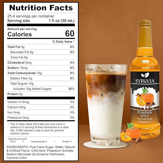 Syruvia Pumpkin Spice Coffee Syrup, Flavored Syrup for Drinks, Lattes, and Desserts – 25.4 fl oz, With Pump