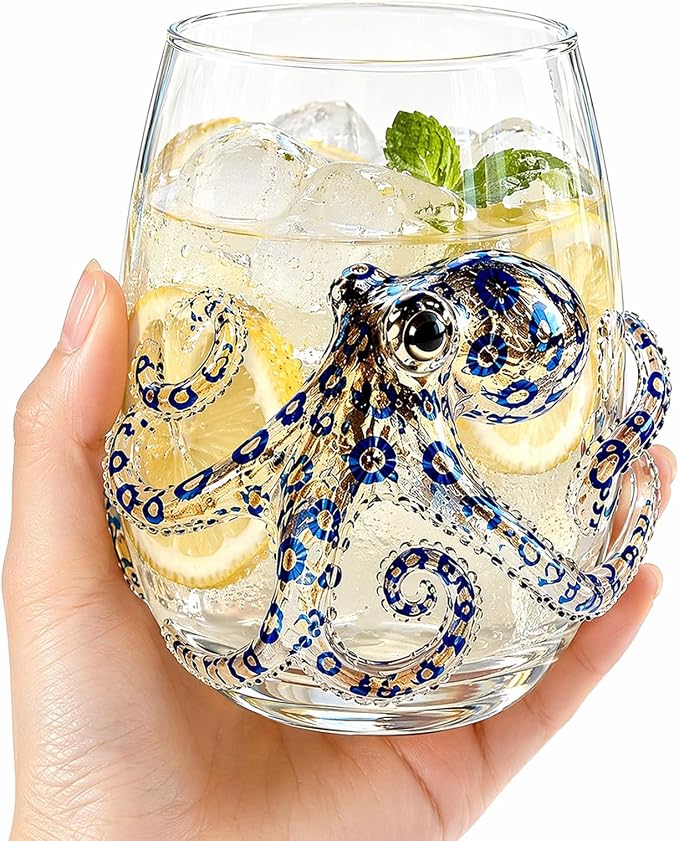 Ocean-Themed Blue Ringed Octopus Hand-Blown Glassware | Ocean-themed octopus glassware: hand-blown coastal stemless wine glasses for ocean lovers - Image 2
