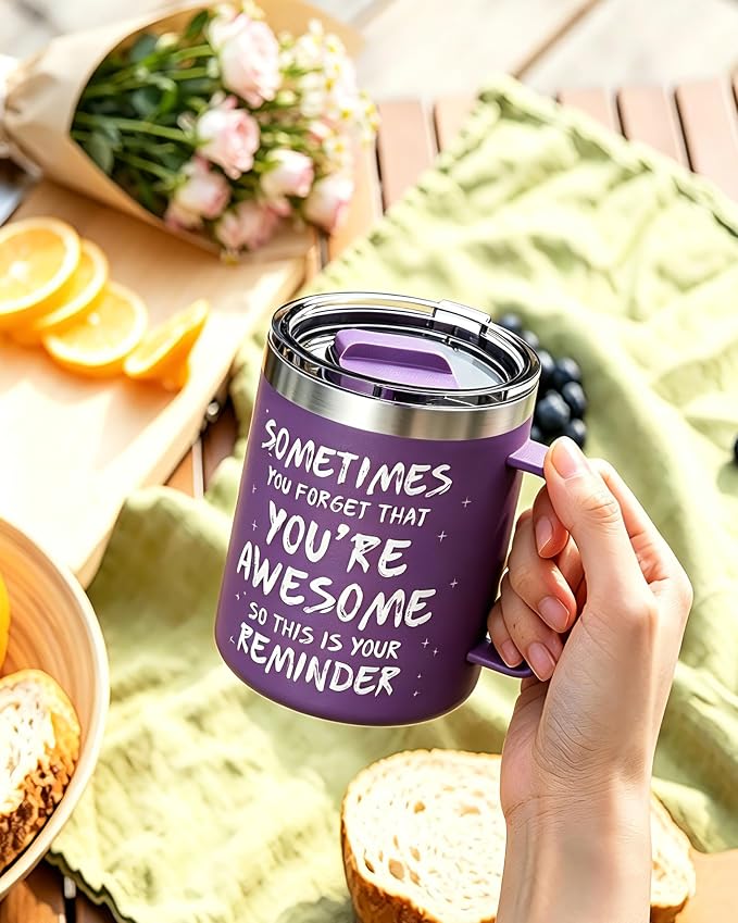 Inspirational Coffee Mug for Women, 12oz Insulated Stainless Steel Mug with Handle & 2 Lids – Sometimes You Forget You’re Awesome, Birthday & Appreciation Gift for Friend, Coworker, Purple - Image 9