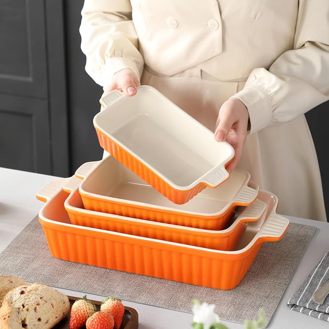 MALACASA Casserole Dishes for Oven, Ceramic Baking Dishes Set of 4,Orange | Rectangular Lasagna Pans Bakeware for Roasting Vegetable, Gratins, Gift Set, Oven Dishwasher Safe (9.4/11.1/12.2/14.7") - Image 6